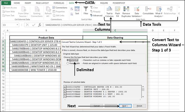 Convert Text to Columns Step1