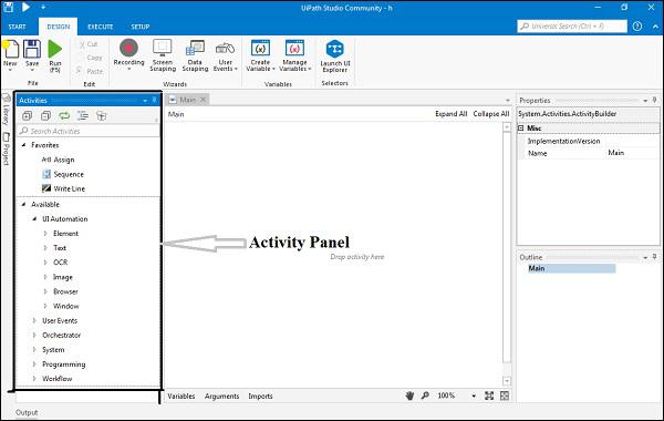 Activities Panel Quick Access Toolbar