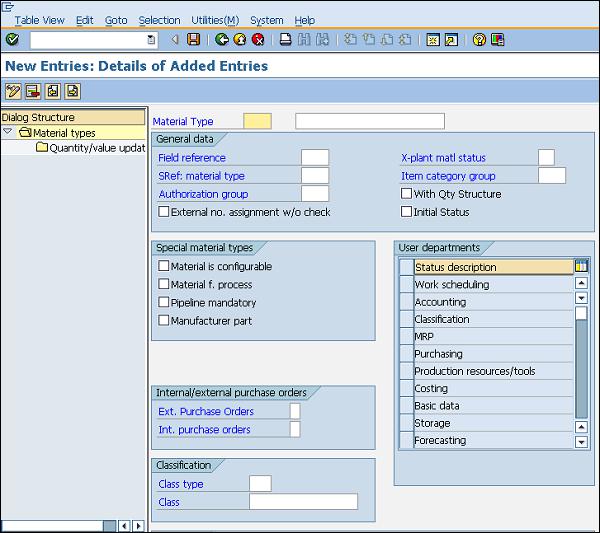 SAP Material Types Entry Details